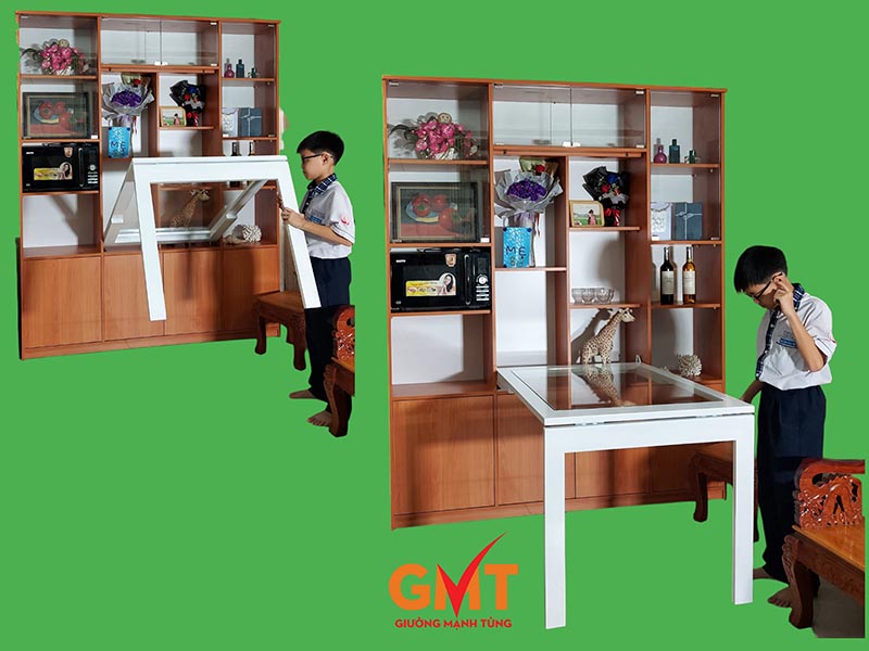 Bàn ăn thông minh – Giải pháp tối ưu không gian sống hiện đại 2 bàn ăn thông minh gấp gọn kết hợp tủ gỗ đa năng tiện lợi cho gia đình